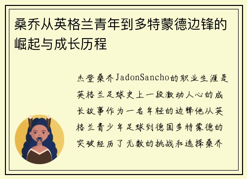 桑乔从英格兰青年到多特蒙德边锋的崛起与成长历程 桑乔从英格兰青年到多特蒙德边锋的崛起与成长历程